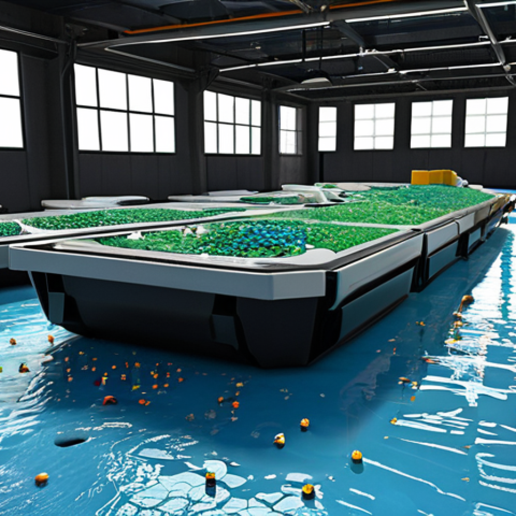 Circular Economy Hub: From Waste to Wonders**
A futuristic floating city's centralized circular economy hub. Automated robotic arms precisely sort various waste streams (organic, plastic, metal) on sleek, clean lines. In the foreground, recycled plastic granules are being fed into a large-scale 3D printer, extruding complex building panels. Nearby, architectural elements made from these repurposed materials are visible, showcasing innovative and aesthetically pleasing designs. The atmosphere is clean, efficient, and technologically advanced, with a focus on waste transformation into valuable resources.

**