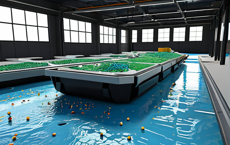 Circular Economy Hub: From Waste to Wonders**
A futuristic floating city's centralized circular economy hub. Automated robotic arms precisely sort various waste streams (organic, plastic, metal) on sleek, clean lines. In the foreground, recycled plastic granules are being fed into a large-scale 3D printer, extruding complex building panels. Nearby, architectural elements made from these repurposed materials are visible, showcasing innovative and aesthetically pleasing designs. The atmosphere is clean, efficient, and technologically advanced, with a focus on waste transformation into valuable resources.
**