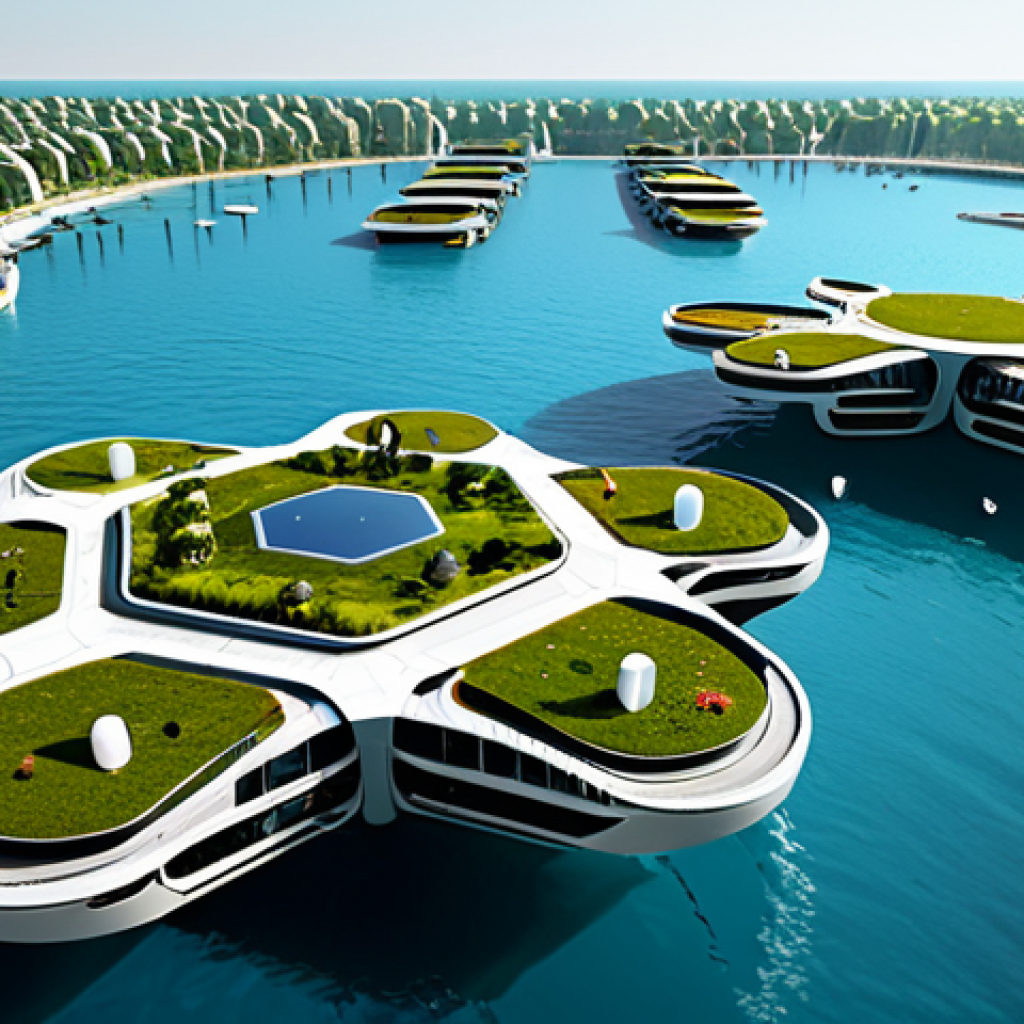 Oceanix City Vision**

"A futuristic, sustainable floating city concept, featuring modular platforms with green roofs and renewable energy sources. Architecture blends with the marine environment. Sunny day, clear water, safe for work, appropriate content, fully clothed people in modern, modest clothing, professional architectural rendering, perfect anatomy, natural proportions, professional, family-friendly."

**