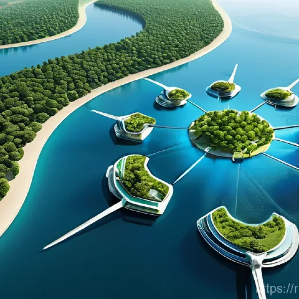 플로팅 시티의 기상 데이터 활용 방법 - A breathtaking panoramic view of a futuristic floating city, resembling Oceanix City, gracefully sit...