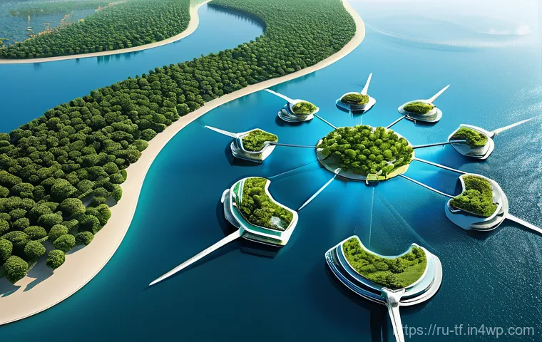 플로팅 시티의 기상 데이터 활용 방법 - A breathtaking panoramic view of a futuristic floating city, resembling Oceanix City, gracefully sit...