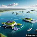 플로팅 시티 개발의 윤리적 논의 - A futuristic floating city located on calm ocean waters near the coast of Russia, showcasing eco-fri...