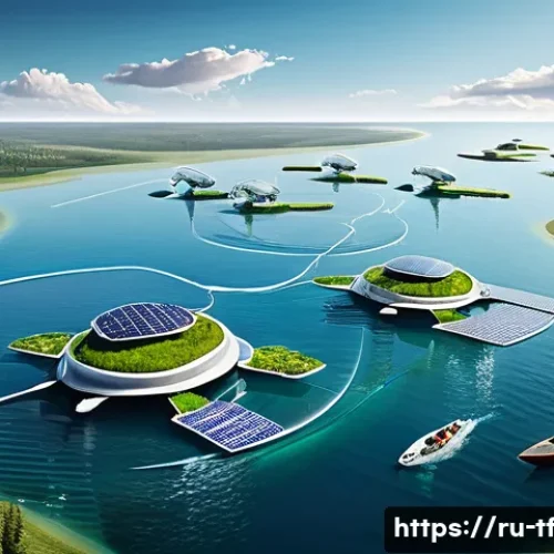 플로팅 시티 개발의 윤리적 논의 - A futuristic floating city located on calm ocean waters near the coast of Russia, showcasing eco-fri...