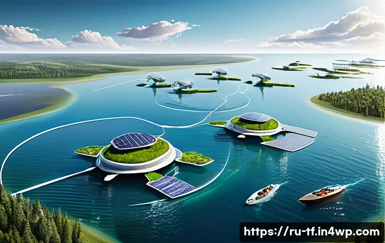 플로팅 시티 개발의 윤리적 논의 - A futuristic floating city located on calm ocean waters near the coast of Russia, showcasing eco-fri...