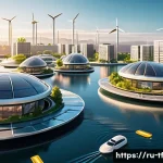 플로팅 도시에서의 디지털 혁신 - A futuristic floating cityscape on calm waters during golden hour, showcasing sleek modular building...