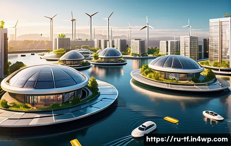 플로팅 도시에서의 디지털 혁신 - A futuristic floating cityscape on calm waters during golden hour, showcasing sleek modular building...