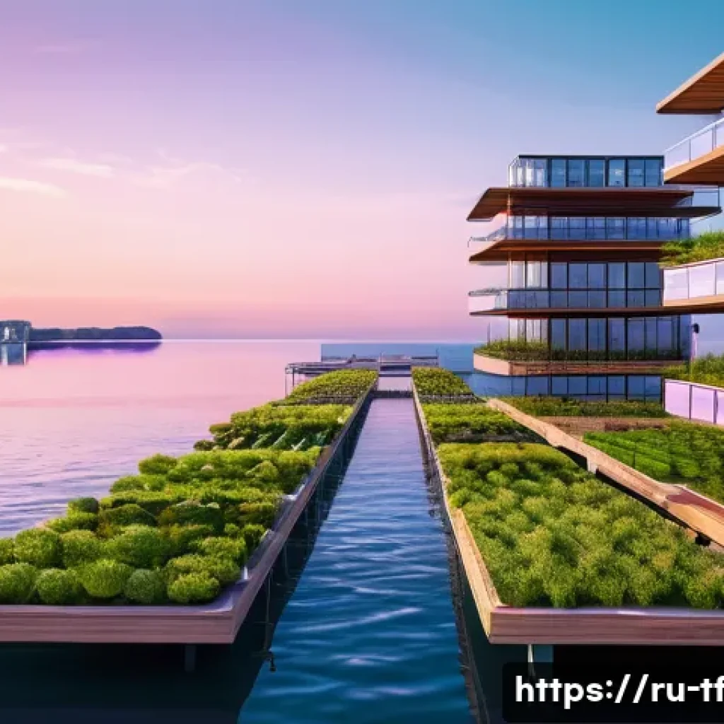 플로팅 도시 개발을 위한 비즈니스 모델 - A futuristic floating cityscape at sunset, showcasing modular architectural designs with composite m...