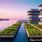 플로팅 도시 개발을 위한 비즈니스 모델 - A futuristic floating cityscape at sunset, showcasing modular architectural designs with composite m...