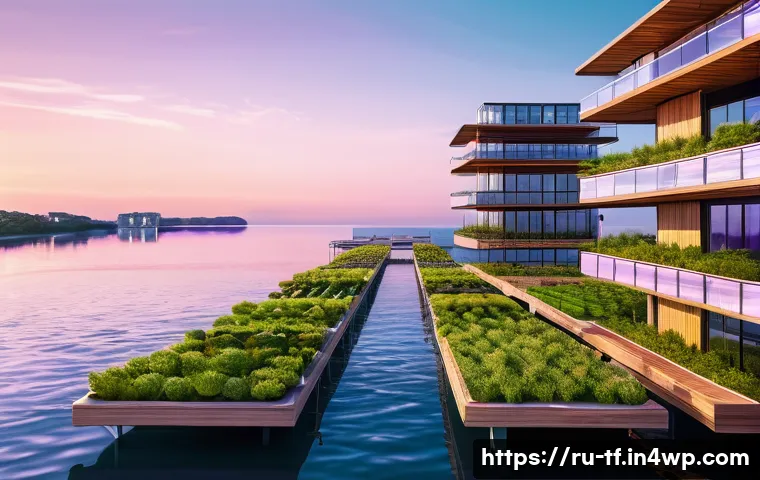 플로팅 도시 개발을 위한 비즈니스 모델 - A futuristic floating cityscape at sunset, showcasing modular architectural designs with composite m...