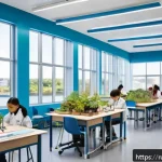 플로팅 시티의 교육 시스템 설계 - A futuristic floating city school interior featuring modular and flexible learning spaces transformi...