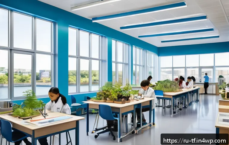 플로팅 시티의 교육 시스템 설계 - A futuristic floating city school interior featuring modular and flexible learning spaces transformi...