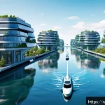 플로팅 도시와 기후 변화 대응 방안 - A futuristic floating city off the coast of northwestern Russia during a calm summer day, featuring ...