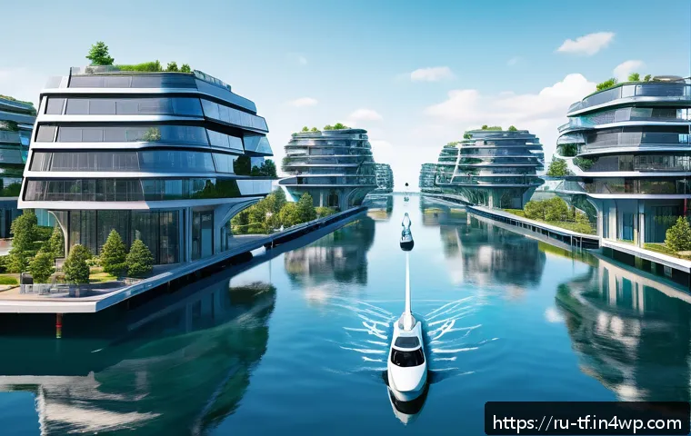 플로팅 도시와 기후 변화 대응 방안 - A futuristic floating city off the coast of northwestern Russia during a calm summer day, featuring ...