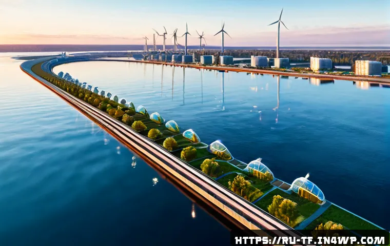Home 17 플로팅 시티의 디자인 트렌드 - Photorealistic aerial view of a futuristic floating city on a calm northern sea, modular residential...