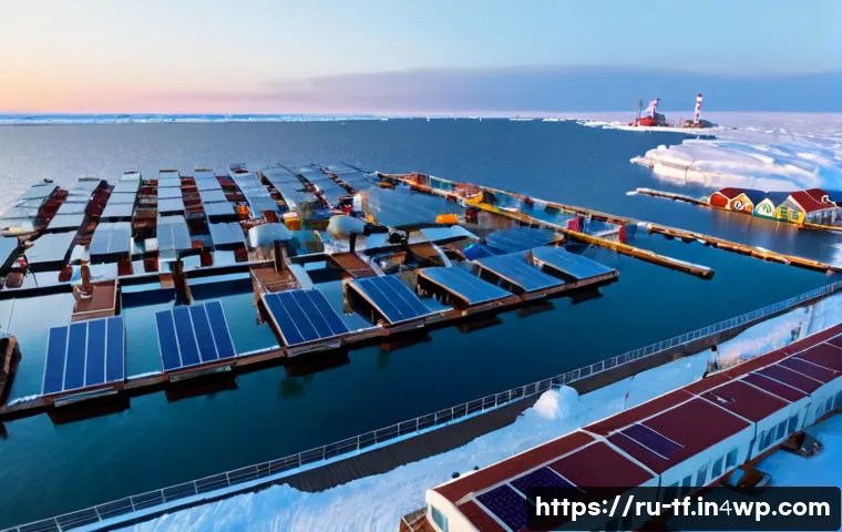 Home 17 플로팅 도시의 기후 적응 전략 - Photorealistic wide-angle view of a climate-adaptive floating city on a cold northern sea, modular r...